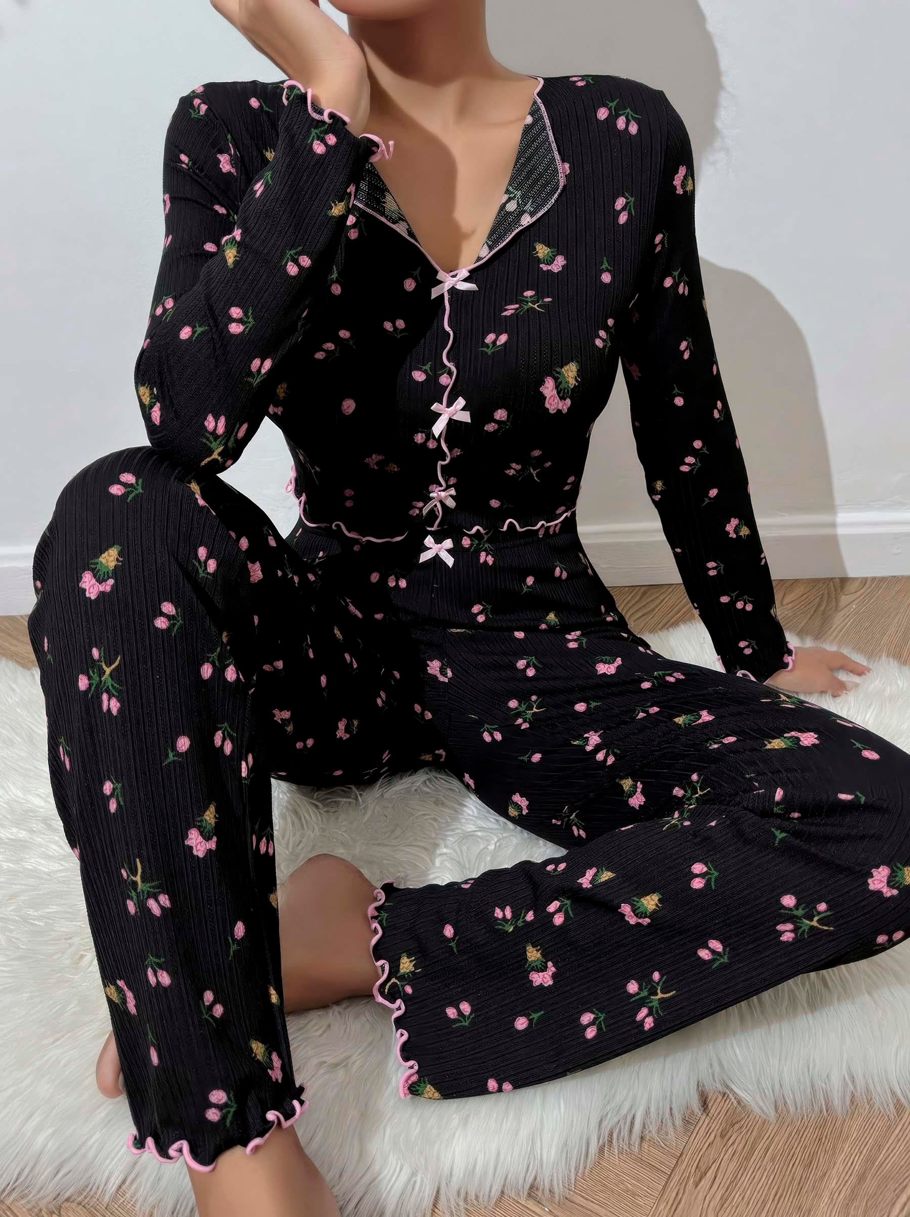 Kadın Çiçek ve Fiyonk Desenli Yumuşak Pamuklu Uzun Pijama Takımı 5134 - görsel 2