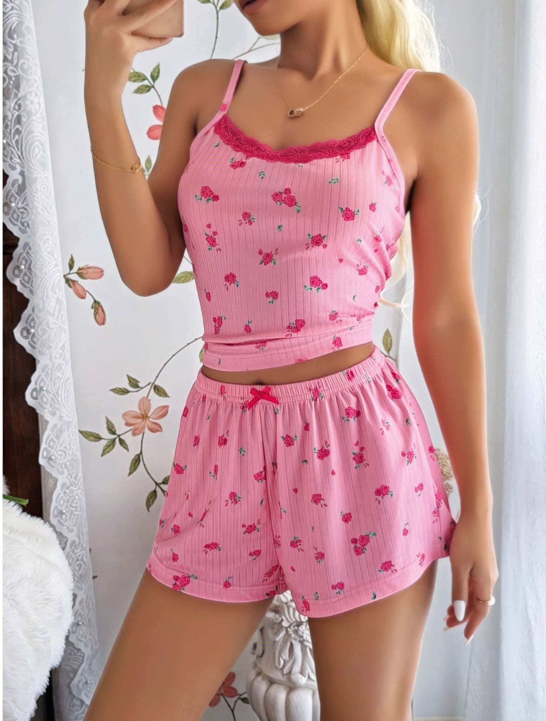 Kadın Çiçekli Dantelli Şortlu Pijama Takım 5177 - görsel 2