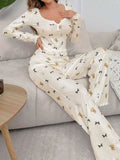 Kadın Ekru Ayıcık ve Fiyonk Desenli Yumuşak Pamuklu Uzun Pijama Takımı 5129 - görsel 1