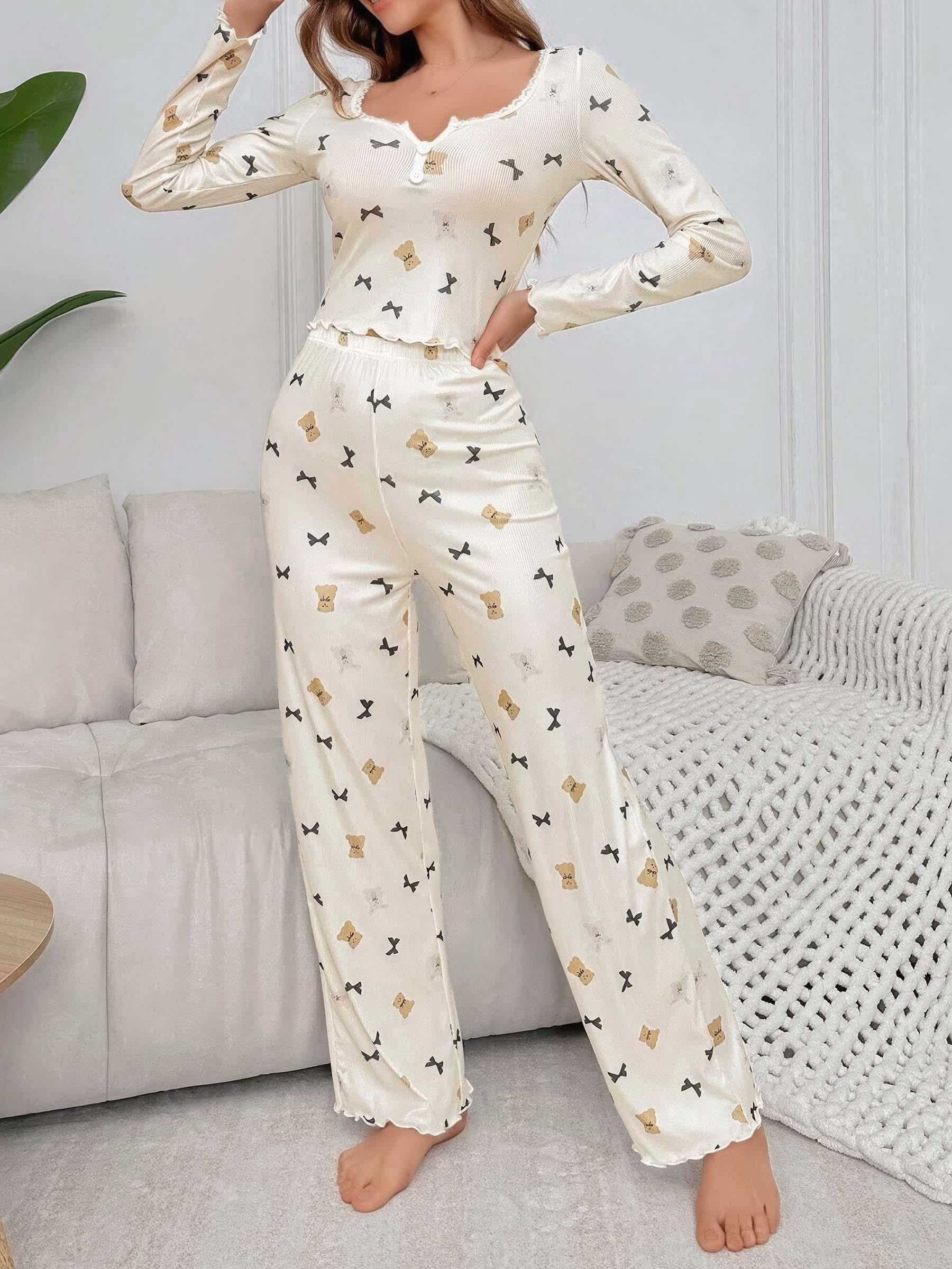 Kadın Ekru Ayıcık ve Fiyonk Desenli Yumuşak Pamuklu Uzun Pijama Takımı 5129 - görsel 2