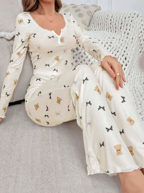 Kadın Ekru Ayıcık ve Fiyonk Desenli Yumuşak Pamuklu Uzun Pijama Takımı 5129 - görsel 3