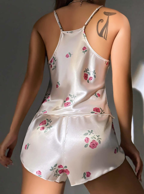 Kadın Ekru Gül Desenli Askılı Dantel Üst Pijama Takımı 2222 - görsel 2