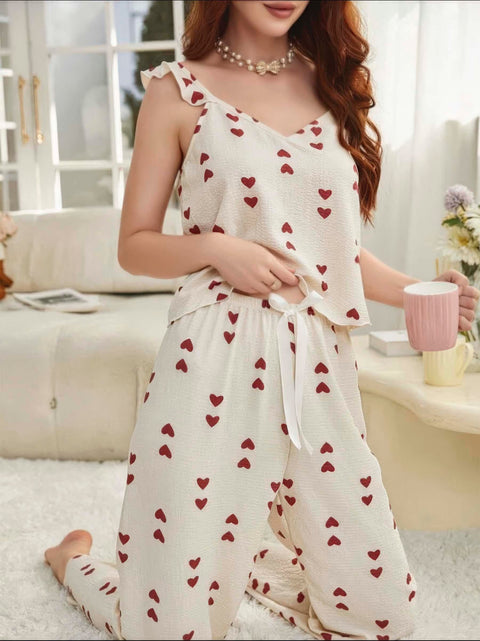 Kadın Ekru Kırmızı Kalp Desenli Yumuşak Pamuklu Uzun Pijama Takımı 5136 - görsel 2