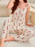 Kadın Ekru Kırmızı Kalp Desenli Yumuşak Pamuklu Uzun Pijama Takımı 5136 - görsel 1
