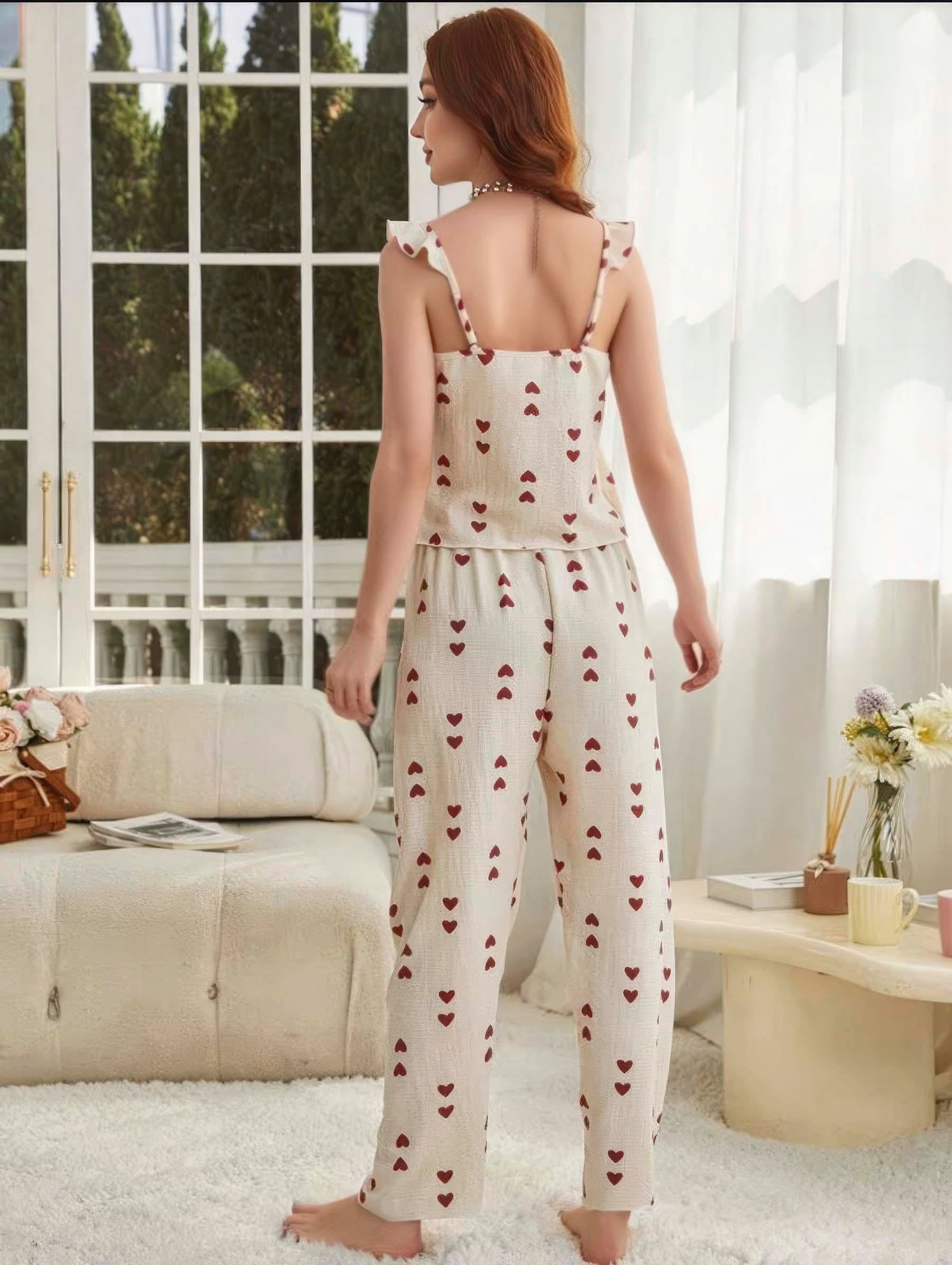 Kadın Ekru Kırmızı Kalp Desenli Yumuşak Pamuklu Uzun Pijama Takımı 5136 - görsel 3