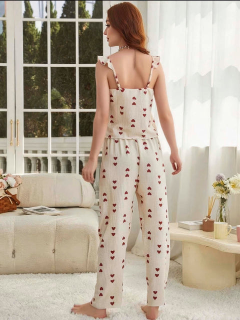 Kadın Ekru Kırmızı Kalp Desenli Yumuşak Pamuklu Uzun Pijama Takımı 5136 - görsel 3