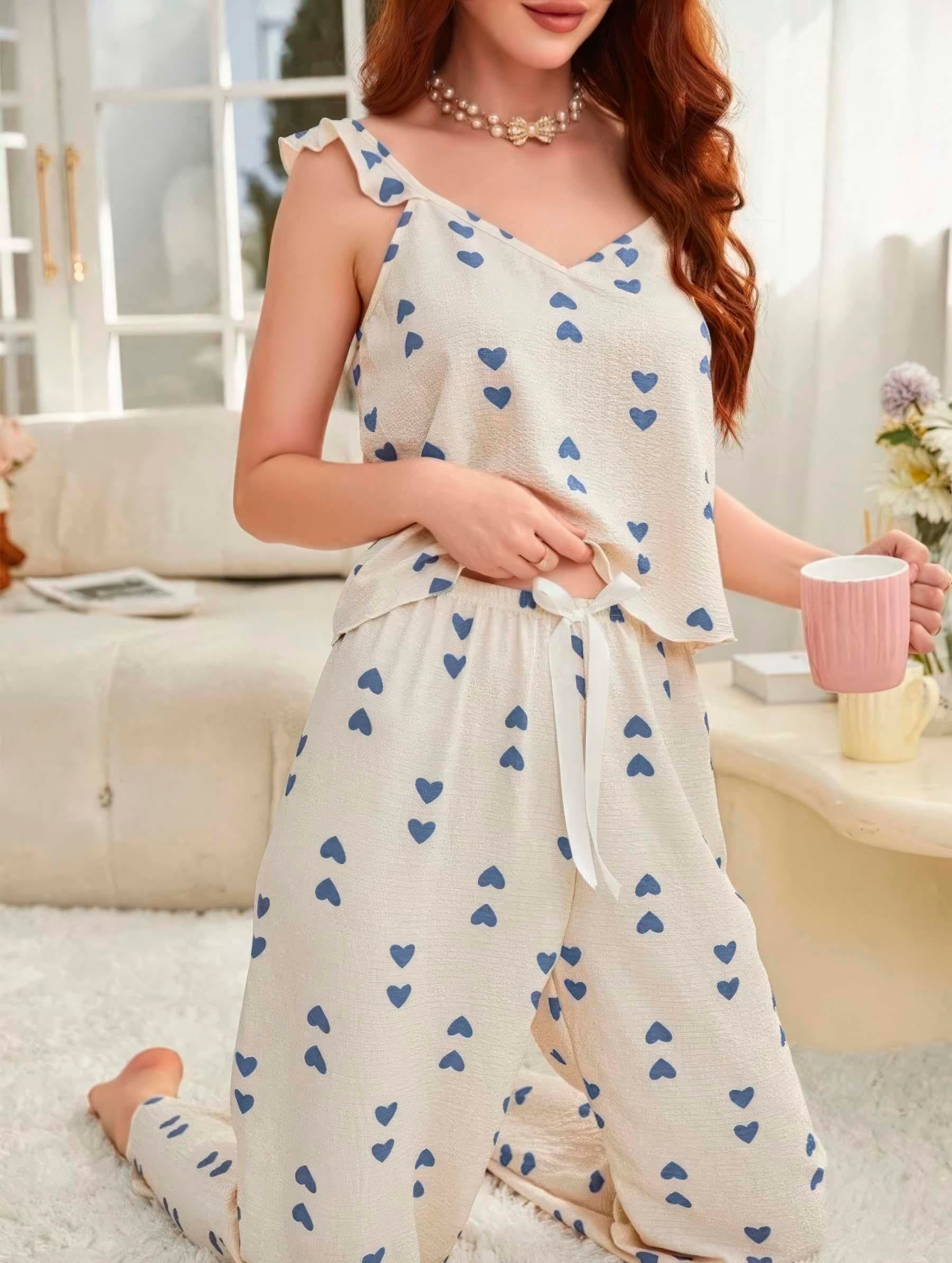 Kadın Ekru Mavi Kalp Desenli Yumuşak Pamuklu Uzun Pijama Takımı 5137 - görsel 2
