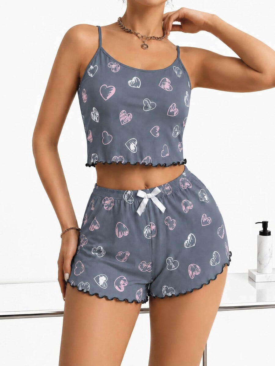 Kadın Gri Kalp Desenli Dantel Askılı Şortlu Pijama Takımı 5265 - görsel 2