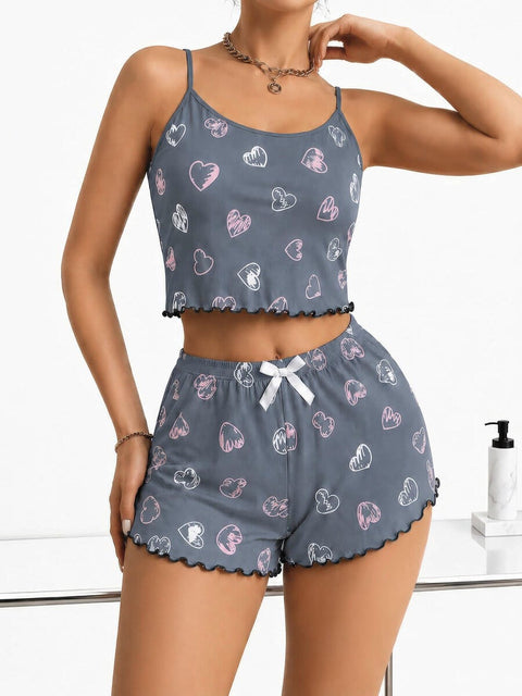 Kadın Gri Kalp Desenli Dantel Askılı Şortlu Pijama Takımı 5265 - görsel 2