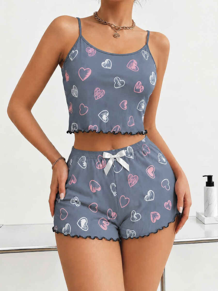 Kadın Gri Kalp Desenli Dantel Askılı Şortlu Pijama Takımı 5265 - görsel 1