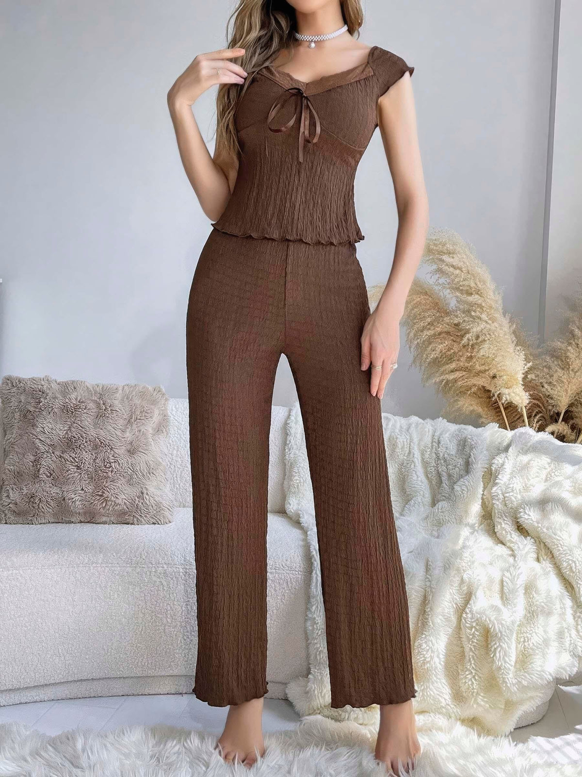 Kadın Kahverengi Kurdela Detaylı Yumuşak Pamuklu Uzun Pijama Takımı 5135 - görsel 3