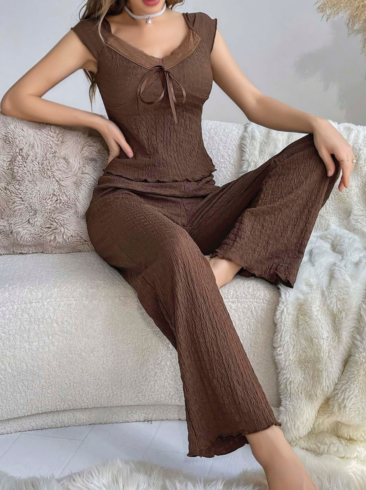 Kadın Kahverengi Kurdela Detaylı Yumuşak Pamuklu Uzun Pijama Takımı 5135 - görsel 2