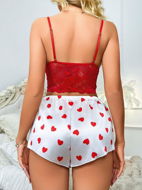Kadın Kırmızı Kalp Desenli Şort Askılı Dantel Üst Pijama Takımı 2218 - görsel 2