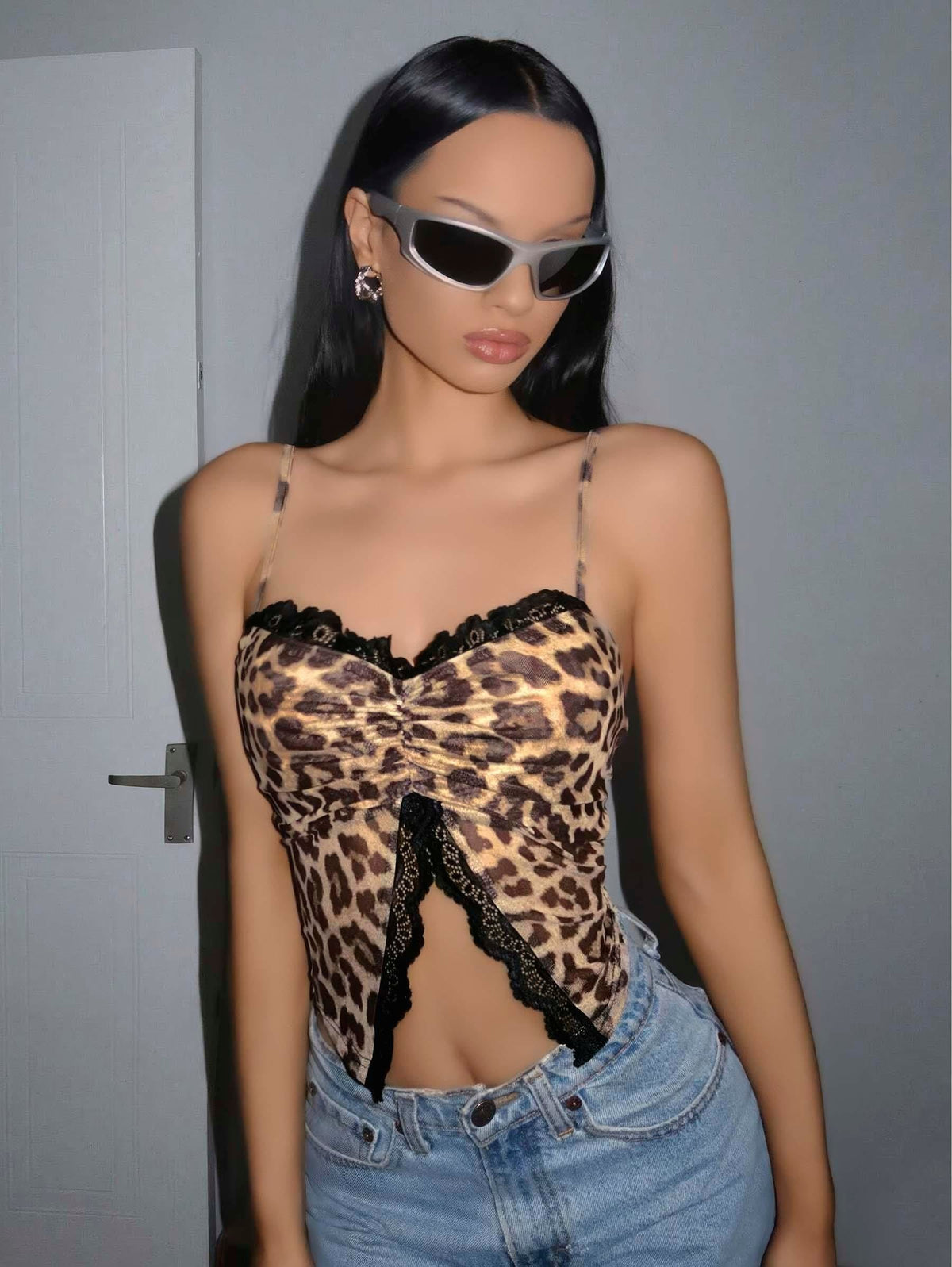 Kadın Leopar Desenli Crop Önden Dantel detaylı 5095 - görsel 1