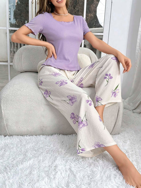 Kadın Mor Çiçek Desenli Yumuşak Pamuklu Uzun Pijama Takımı 5133 - görsel 3