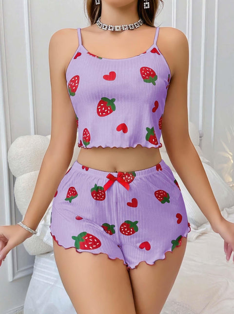 Kadın Mor Çilek desenli Şortlu Pijama Takımı 5061 - görsel 2