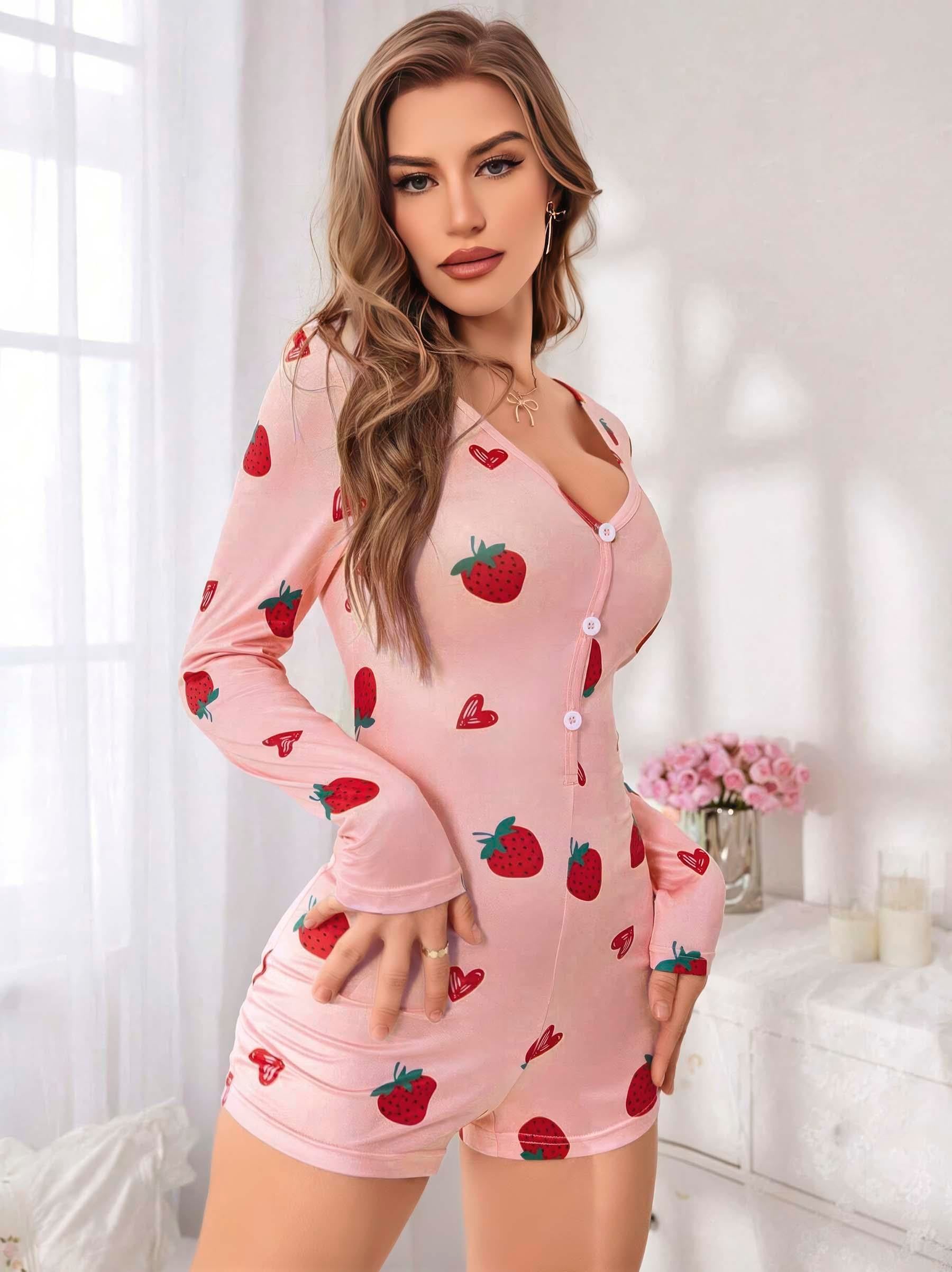 Kadın Pembe Çilek Desenli Pijama Tulumu 5125 - görsel 2