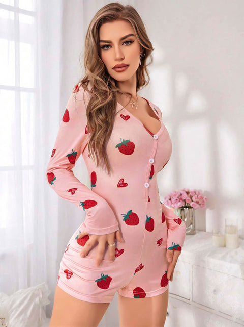 Kadın Pembe Çilek Desenli Pijama Tulumu 5125 - görsel 2