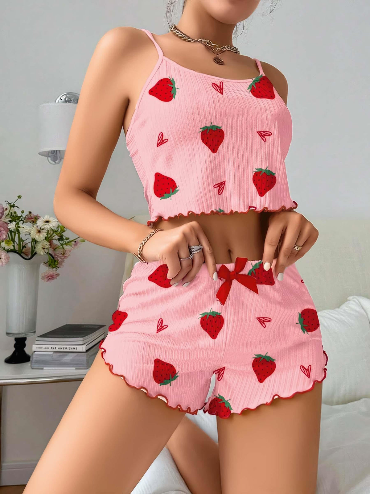 Kadın Pembe Çilek desenli Şortlu Pijama Takımı 5056 - görsel 1