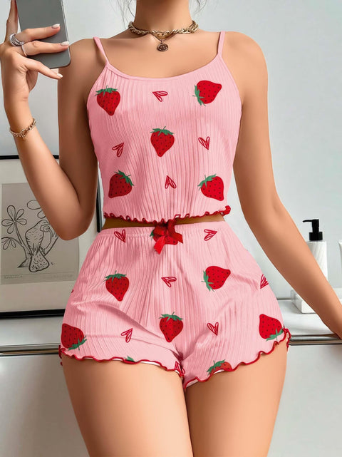 Kadın Pembe Çilek desenli Şortlu Pijama Takımı 5056 - görsel 2