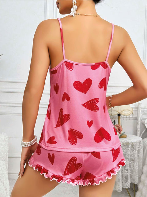 Kadın Pembe Kalp Baskılı Şortlu Gecelik Pijama Takımı 5050 - görsel 2
