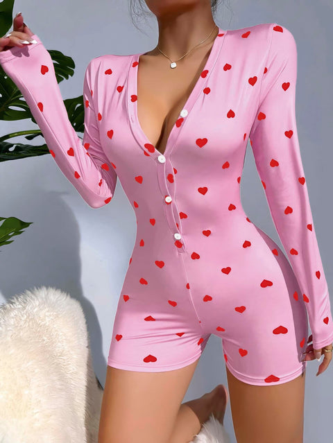 Kadın Pembe Kalp Desenli Pijama Tulumu 5121 - görsel 1