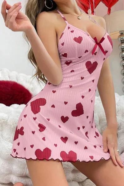 Kadın Pembe Kırmızı Kalp Desenli Askılı Sırt Dekolteli Elbise 5064 - görsel 2