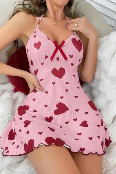 Kadın Pembe Kırmızı Kalp Desenli Askılı Sırt Dekolteli Elbise 5064 - görsel 1