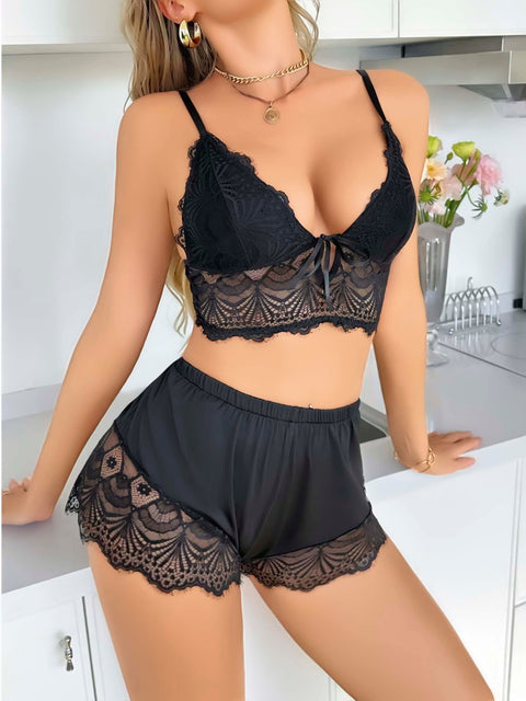Kadın Siyah Dantel Detaylı Şortlu Pijama Takımı 5054 - görsel 3
