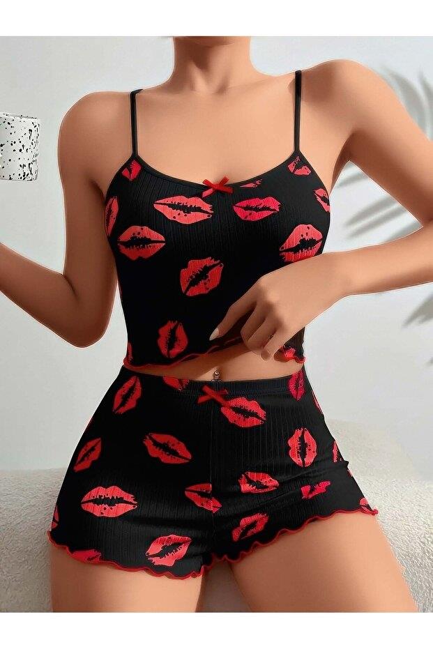 Kadın Siyah Dudak Desenli Şortlu Pijama Takımı 5057 - görsel 2