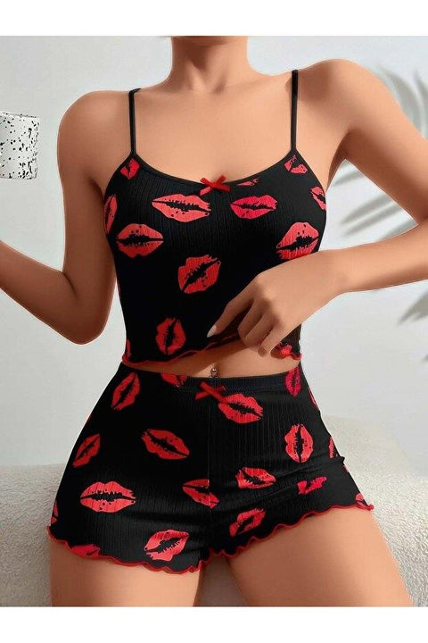 Kadın Siyah Dudak Desenli Şortlu Pijama Takımı 5057 - görsel 2