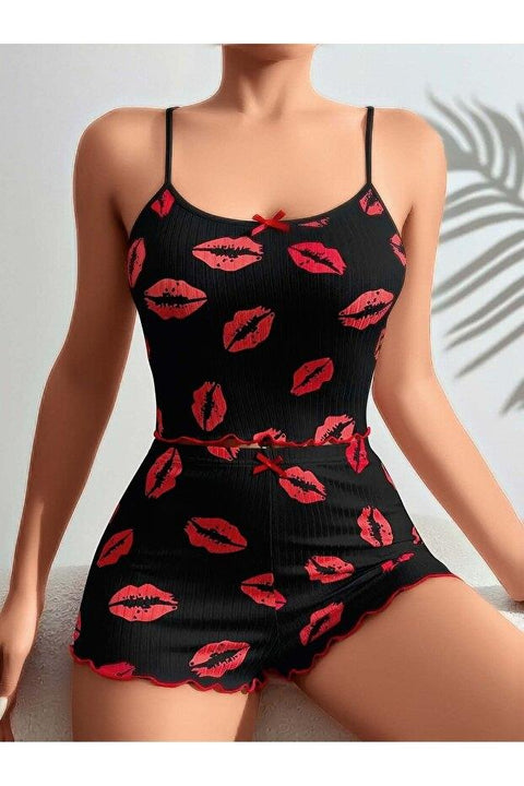 Kadın Siyah Dudak Desenli Şortlu Pijama Takımı 5057 - görsel 1