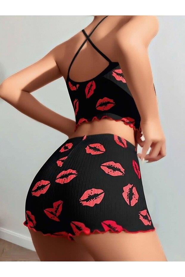 Kadın Siyah Dudak Desenli Şortlu Pijama Takımı 5057 - görsel 3