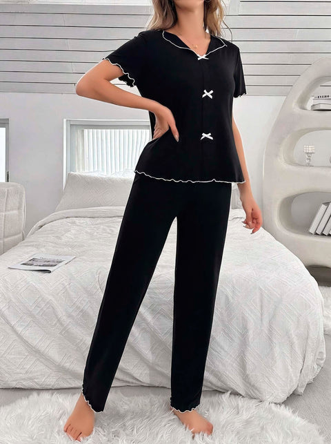 Kadın Siyah Fiyonk Detaylı Yumuşak Pamuklu Uzun Pijama Takımı 5130 - görsel 2