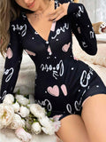 Kadın Siyah Kalp Desenli Love Yazılı Pijama Tulumu 5124 - görsel 1