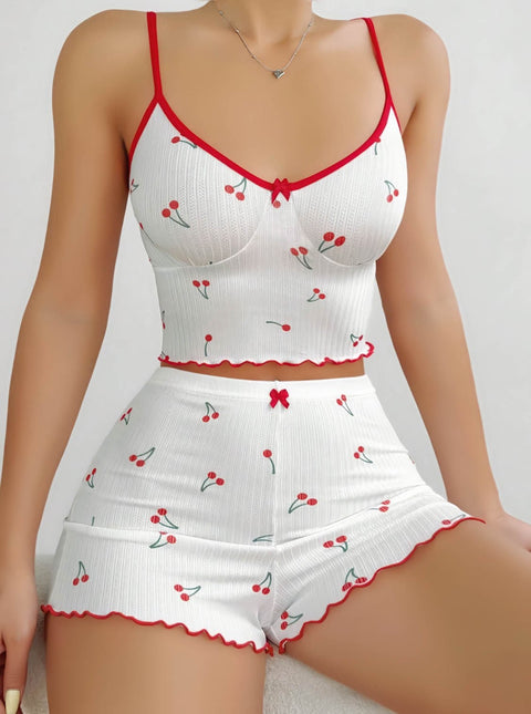 Kadın Vişne Desenli Dantel Askılı Şortlu Pijama Takımı 5193 - görsel 2