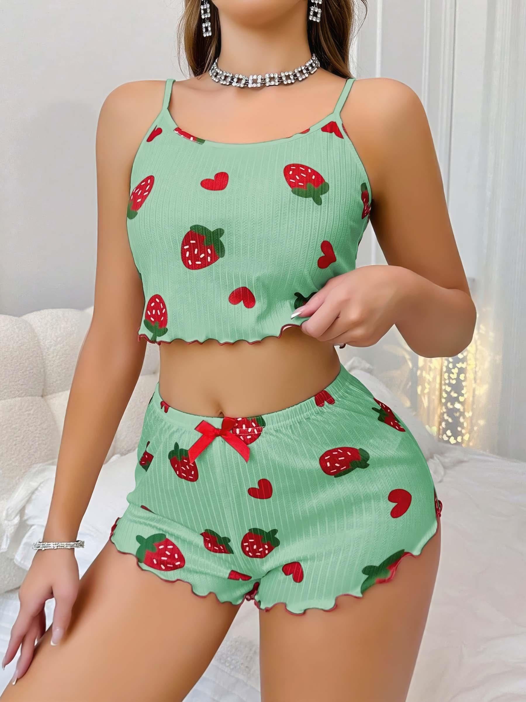 Kadın Yeşil Çilek desenli Şortlu Pijama Takımı 5060 - görsel 2