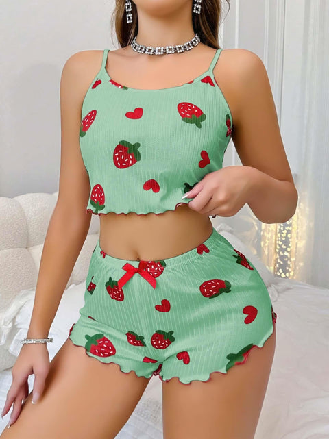 Kadın Yeşil Çilek desenli Şortlu Pijama Takımı 5060 - görsel 2