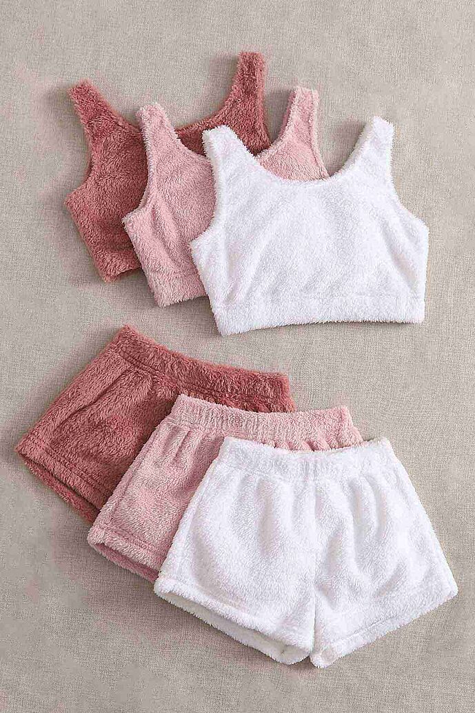 Merry See 3 Lü Set Kolsuz Askılı Peluş Polar Alt Üst Şortlu Pijama Takımı Çok Renkli - görsel 2