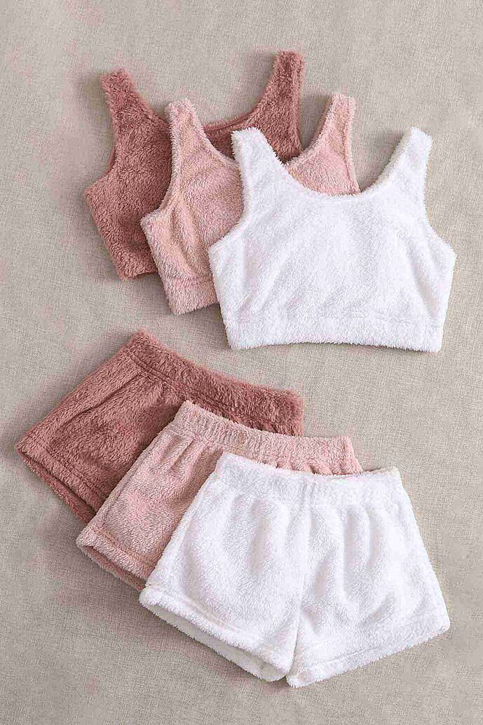 Merry See 3 Lü Set Kolsuz Askılı Peluş Polar Alt Üst Şortlu Pijama Takımı Çok Renkli - görsel 3