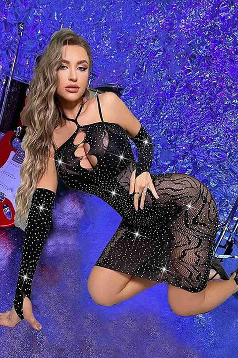Merry See 3 Parça Eldivenli Mini Elbise Taşlı Vücut Çorabı Siyah - görsel 1