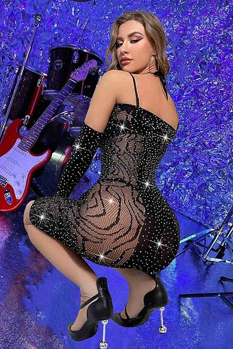 Merry See 3 Parça Eldivenli Mini Elbise Taşlı Vücut Çorabı Siyah - görsel 2