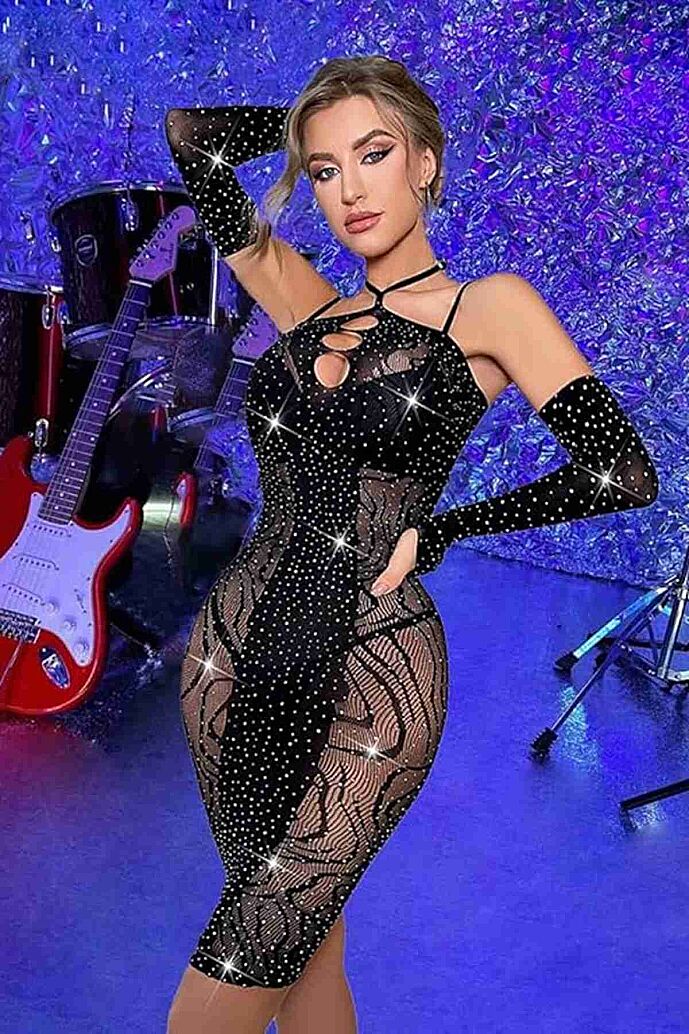 Merry See 3 Parça Eldivenli Mini Elbise Taşlı Vücut Çorabı Siyah - görsel 5