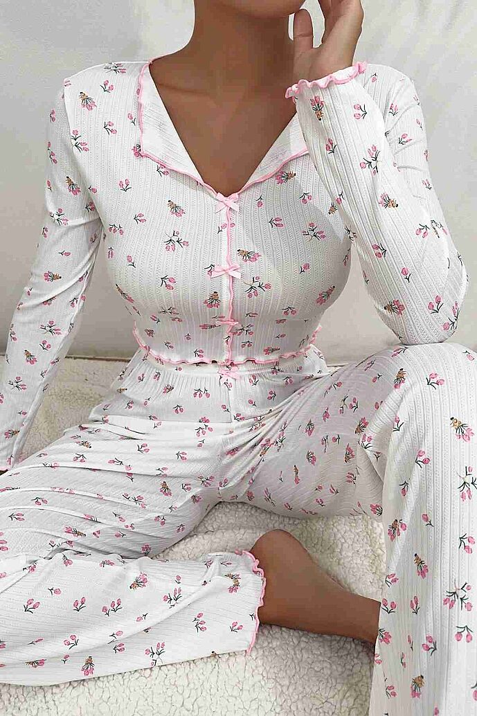 Merry See Baskılı Özel Kumaş Pijama Takımı Beyaz - görsel 1