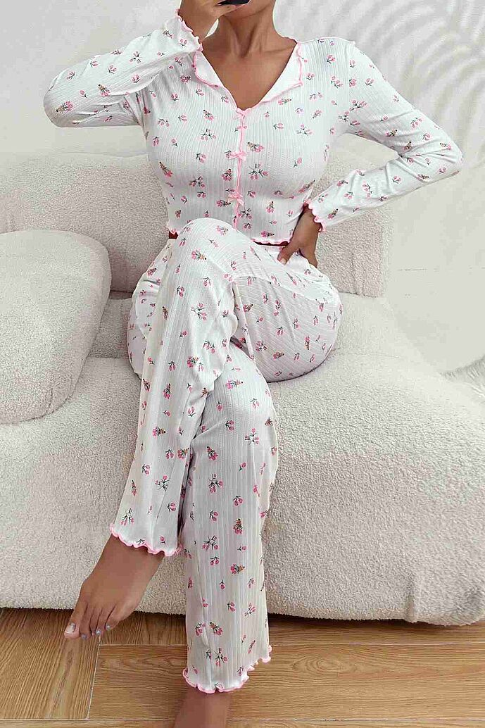 Merry See Baskılı Özel Kumaş Pijama Takımı Beyaz - görsel 4