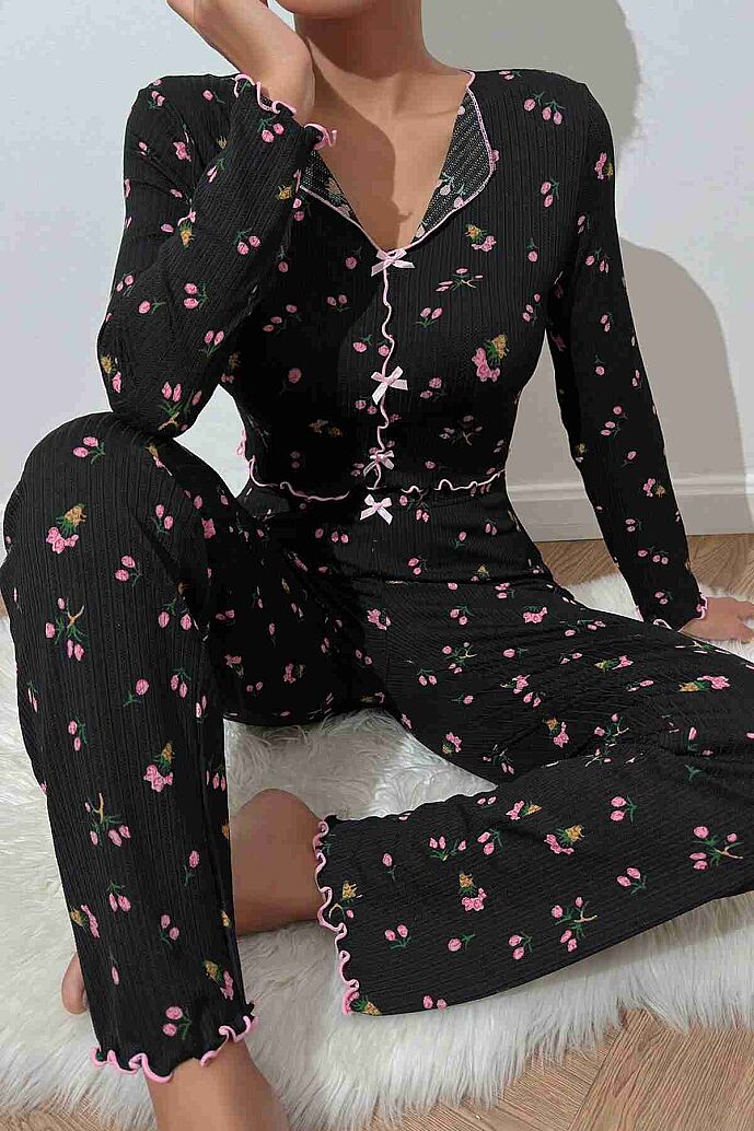 Merry See Baskılı Özel Kumaş Pijama Takımı Siyah - görsel 1