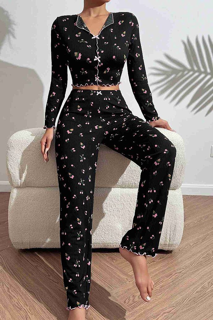 Merry See Baskılı Özel Kumaş Pijama Takımı Siyah - görsel 5
