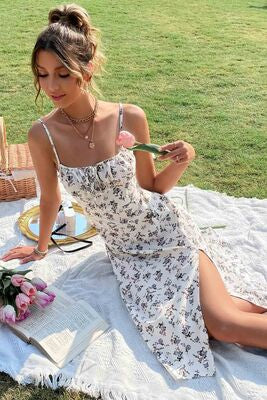 Merry See Çiçek Desenli Askılı Yırtmaçlı Midi Diz Altı Elbise (ASTARLI) Çok Renkli - görsel 7