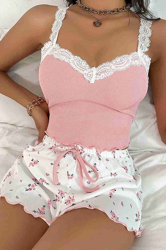 Merry See Çiçek Desenli Dantel Askılı Şortlu Pijama Takımı Çok Renkli - görsel 1