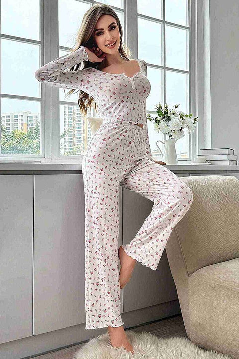 Merry See Çiçek Desenli Uzun Kollu Pijama Takımı Beyaz - görsel 3